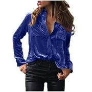Womens Velvet Long Sleeve Shirts Winter Button Pocket Casual Flannel Blouses Solid Color Slim Fashion Tops